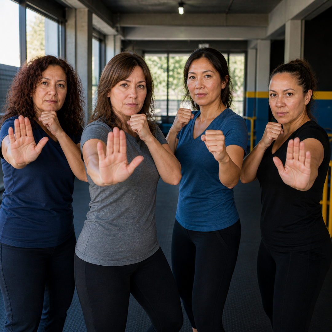 Women’s Self Defense Training Class at 805 Fearless Group of women practicing women’s self defense techniques during a self-defense training class at 805 Fearless on California’s Central Coast.